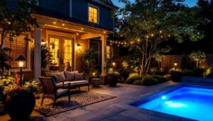 A photograph of a beautifully illuminated outdoor patio at dusk