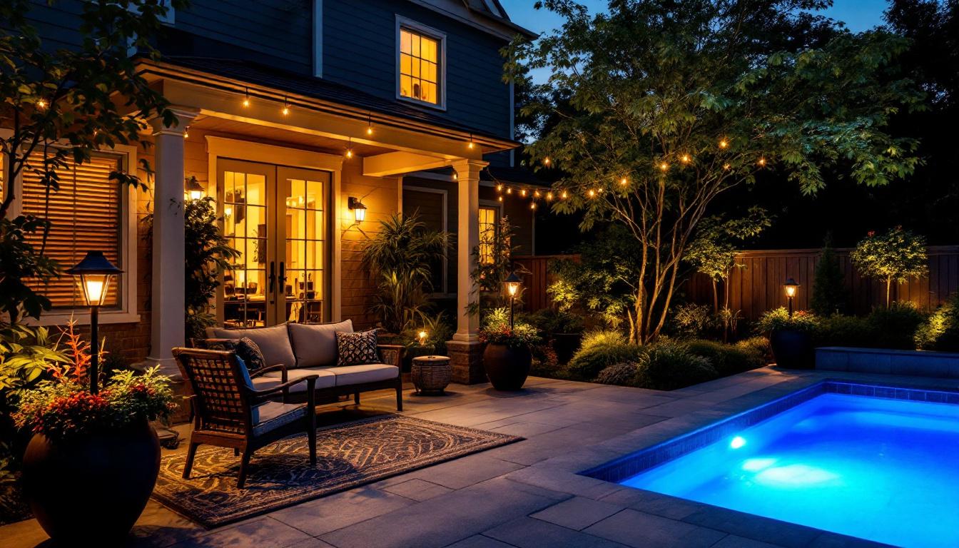 A photograph of a beautifully illuminated outdoor patio at dusk