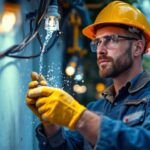 A photograph of a lighting contractor expertly installing a waterproof wire cap in an outdoor setting