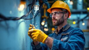 A photograph of a lighting contractor expertly installing a waterproof wire cap in an outdoor setting