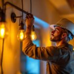 A photograph of a lighting contractor expertly installing amber color light fixtures in a residential or commercial setting