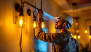 A photograph of a lighting contractor expertly installing amber color light fixtures in a residential or commercial setting