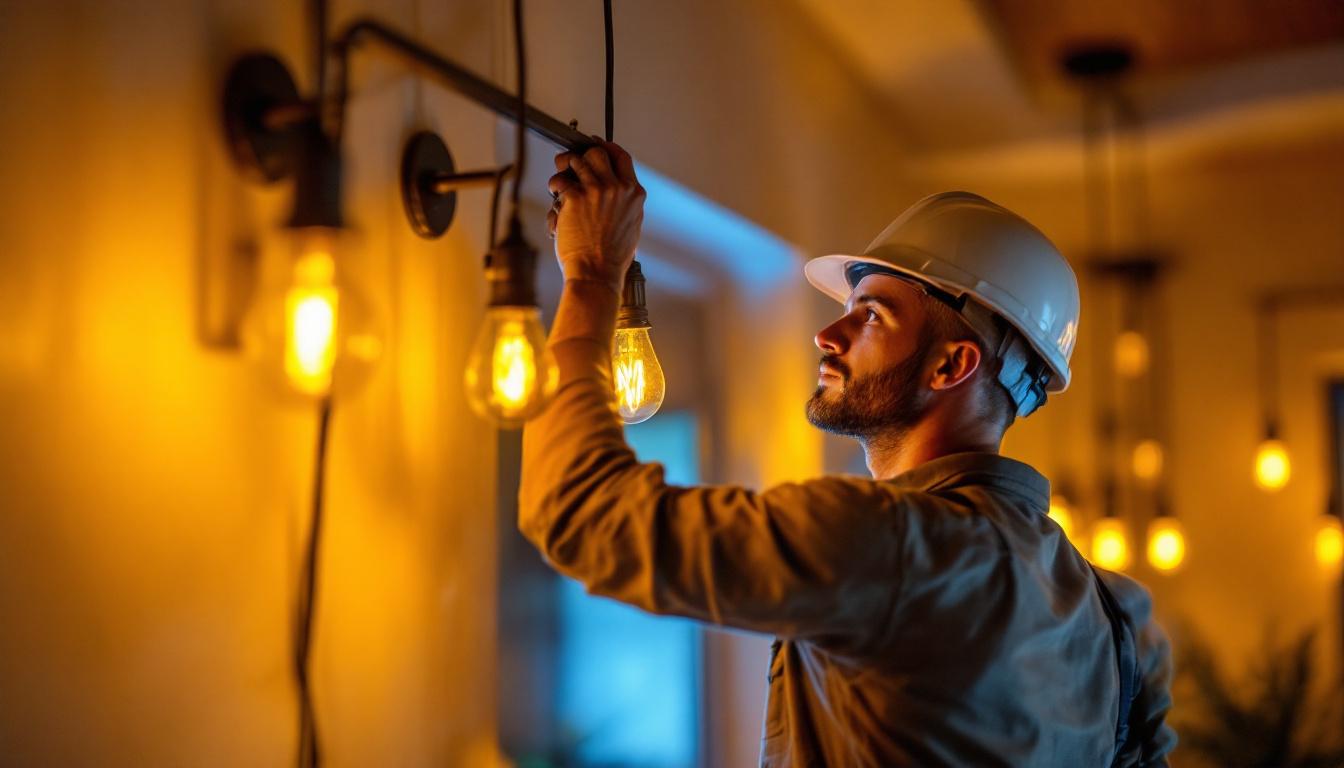 A photograph of a lighting contractor expertly installing amber color light fixtures in a residential or commercial setting