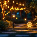 A photograph of a beautifully illuminated outdoor space featuring various solar-powered lights in use