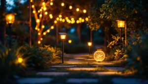 A photograph of a beautifully illuminated outdoor space featuring various solar-powered lights in use