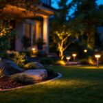 A photograph of a beautifully landscaped outdoor space illuminated by various styles of modern solar lights during twilight