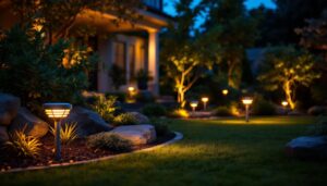 A photograph of a beautifully landscaped outdoor space illuminated by various styles of modern solar lights during twilight