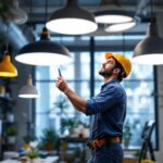 A photograph of a skilled lighting contractor installing or showcasing a variety of atlas lighting products in a well-lit