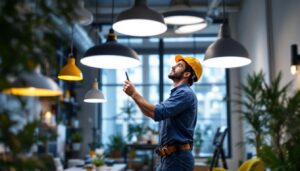 A photograph of a skilled lighting contractor installing or showcasing a variety of atlas lighting products in a well-lit