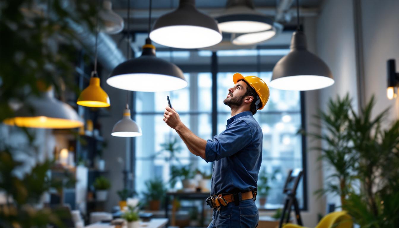 A photograph of a skilled lighting contractor installing or showcasing a variety of atlas lighting products in a well-lit