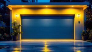A photograph of a well-lit outdoor garage showcasing bright