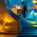 A photograph of a beautifully lit indoor staircase showcasing innovative stair lighting solutions