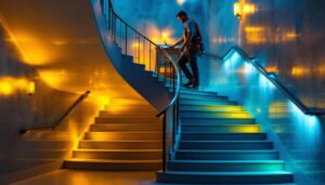 A photograph of a beautifully lit indoor staircase showcasing innovative stair lighting solutions