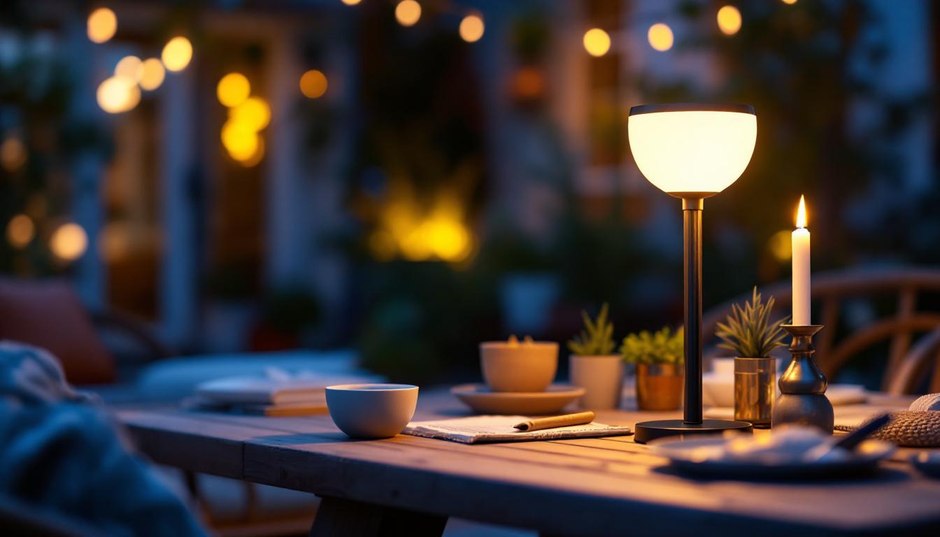 A photograph of a well-lit outdoor setting featuring a stylish solar lamp from ikea