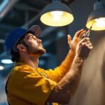 A photograph of a skilled technician expertly installing eiko lighting fixtures in a modern commercial space