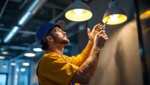 A photograph of a skilled technician expertly installing eiko lighting fixtures in a modern commercial space