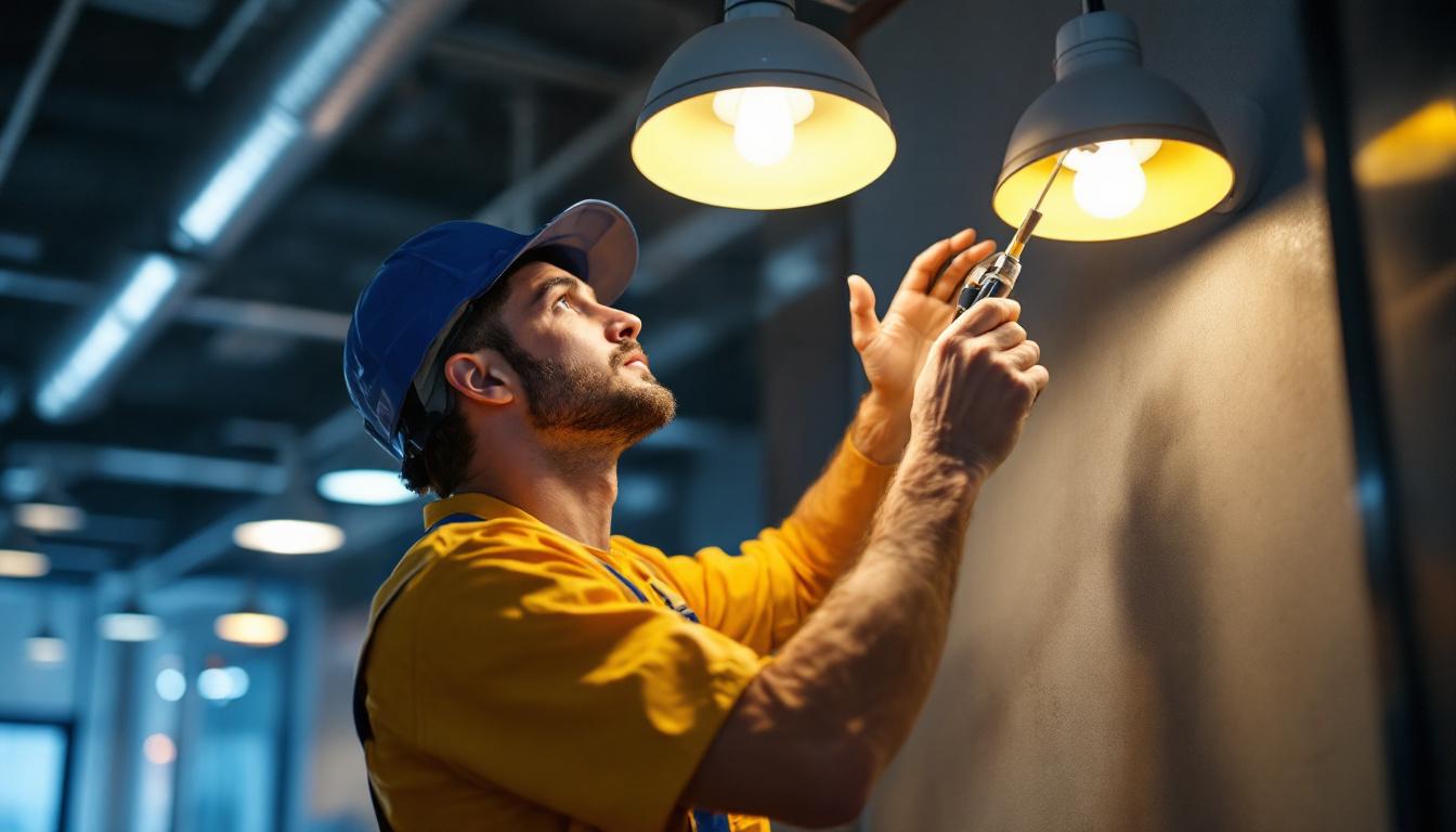 A photograph of a skilled technician expertly installing eiko lighting fixtures in a modern commercial space