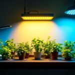 A photograph of a well-lit indoor gardening setup featuring various grow light fixtures in use