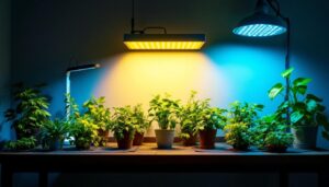 A photograph of a well-lit indoor gardening setup featuring various grow light fixtures in use
