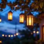 A photograph of a beautifully designed outdoor space illuminated by a variety of hanging lanterns
