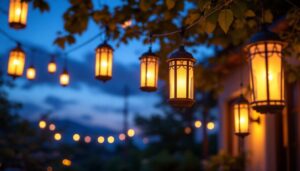 A photograph of a beautifully designed outdoor space illuminated by a variety of hanging lanterns