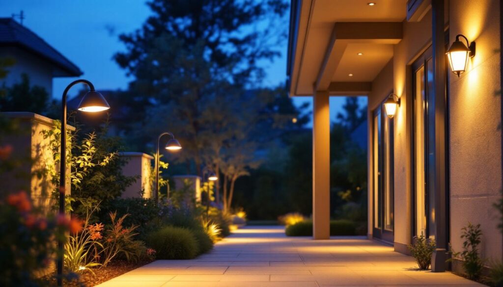 A photograph of a beautifully illuminated outdoor space showcasing various motion-sensing lights in action