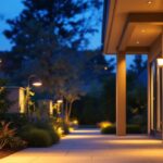 A photograph of a beautifully illuminated outdoor space showcasing various motion-sensing lights in action