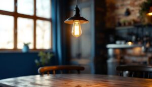 A photograph of a stylish barn light fixture elegantly illuminating a rustic interior space