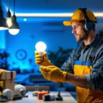 A photograph of a lighting contractor efficiently installing led light bulbs and fixtures in a modern home setting