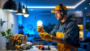 A photograph of a lighting contractor efficiently installing led light bulbs and fixtures in a modern home setting