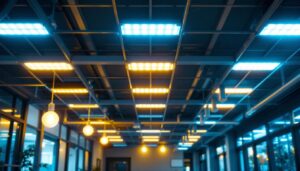 A photograph of a well-lit commercial space featuring ceiling grid lights