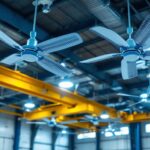 A photograph of a well-lit industrial space featuring large ceiling fans in action