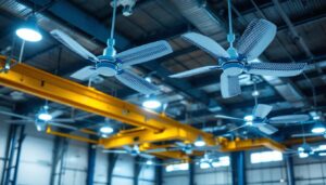 A photograph of a well-lit industrial space featuring large ceiling fans in action