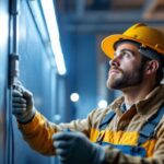 A photograph of a lighting contractor inspecting and installing 4 ft led light bulbs in a commercial or residential setting
