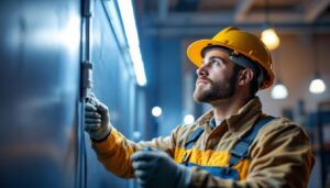 A photograph of a lighting contractor inspecting and installing 4 ft led light bulbs in a commercial or residential setting