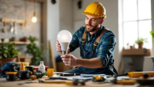A photograph of a lighting contractor expertly installing or showcasing a 4-foot light bulb in a well-lit environment