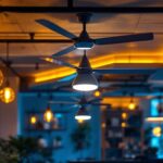 A photograph of a well-lit commercial space featuring stylish ceiling fans that enhance the overall lighting and ambiance