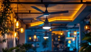 A photograph of a well-lit commercial space featuring stylish ceiling fans that enhance the overall lighting and ambiance
