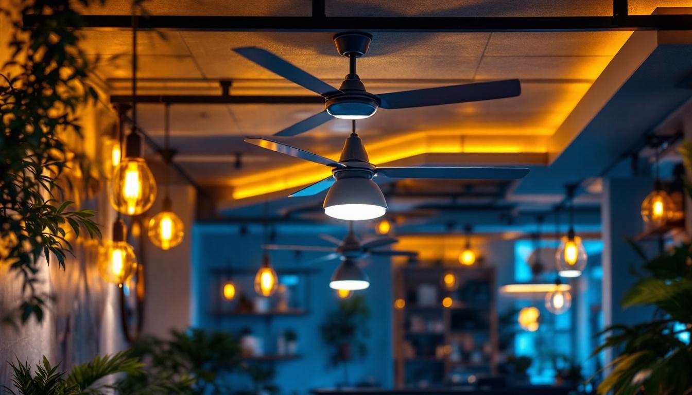 A photograph of a well-lit commercial space featuring stylish ceiling fans that enhance the overall lighting and ambiance