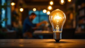 A photograph of a type b 15 watt light bulb in a warm