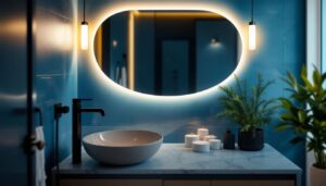 A photograph of a beautifully designed bathroom showcasing stylish vanity lights that highlight the space's elegance and functionality