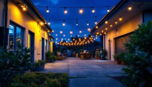 A photograph of a well-lit outdoor workspace featuring a lighting contractor installing led shop lights