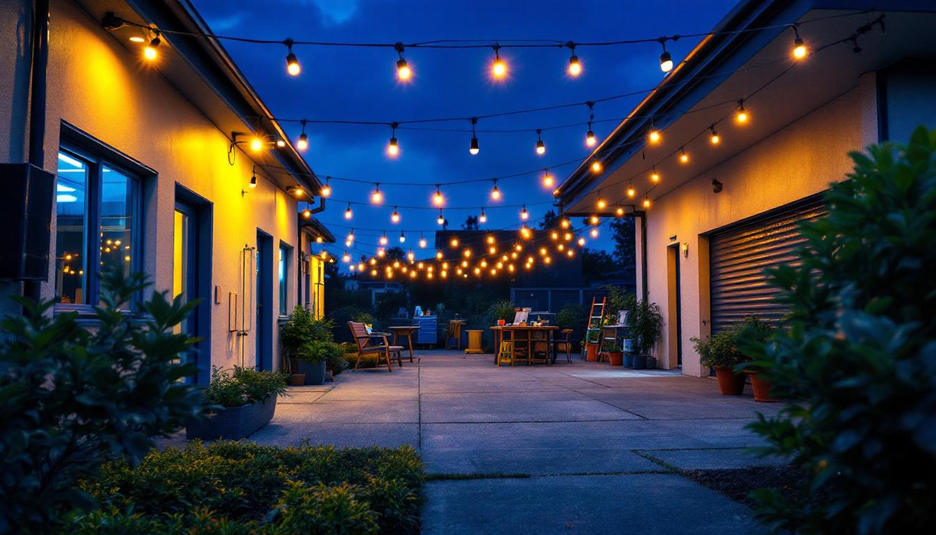 A photograph of a well-lit outdoor workspace featuring a lighting contractor installing led shop lights