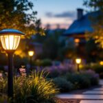 A photograph of a beautifully designed solar light lamp post illuminating a landscaped outdoor space