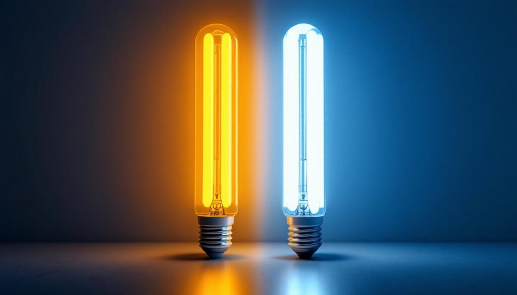 A photograph of a side-by-side comparison of t8 and t12 fluorescent bulbs illuminated in a modern setting