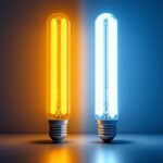 A photograph of a side-by-side comparison of t8 and t12 fluorescent bulbs illuminated in a modern setting