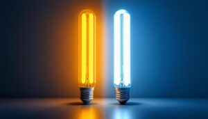 A photograph of a side-by-side comparison of t8 and t12 fluorescent bulbs illuminated in a modern setting