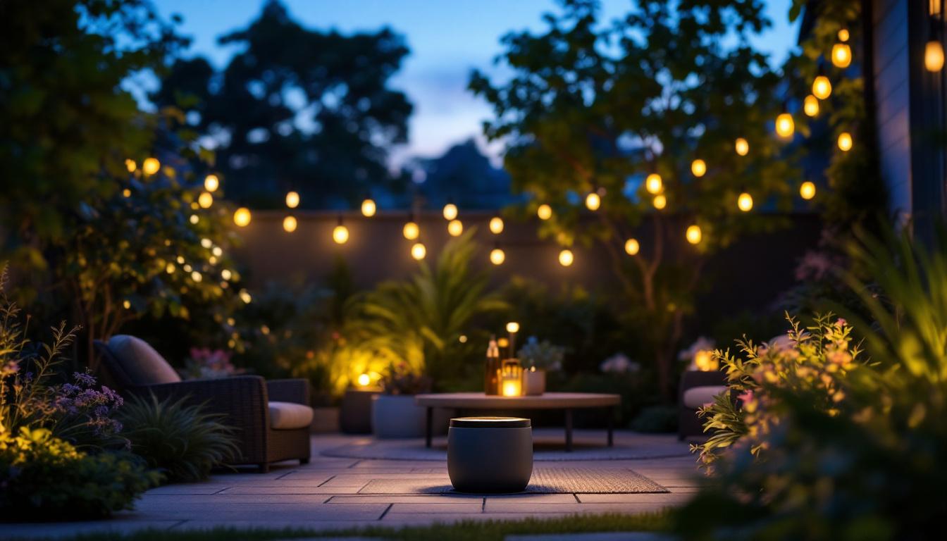 A photograph of a beautifully illuminated outdoor space at dusk