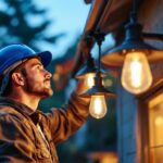 A photograph of a lighting contractor at work