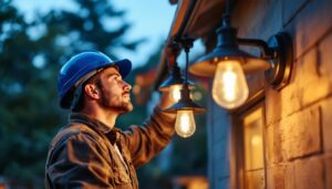 A photograph of a lighting contractor at work